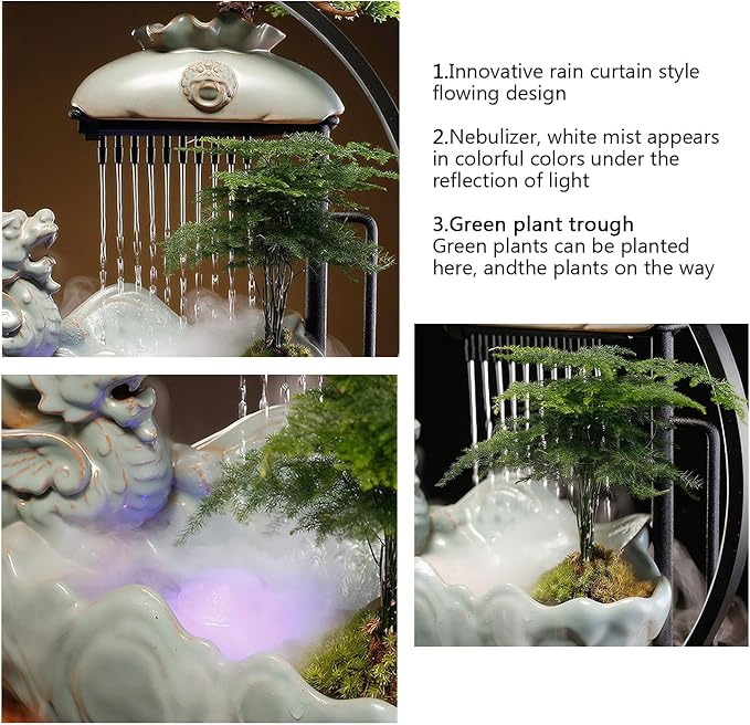 Waterfall Fountain Indoor with Mist, Tabletop Water Fountain,Desk Chinese Ceramic Pixiu Statue with LED Light Ring and Backflow Incense Burner Holder - Bloomnest