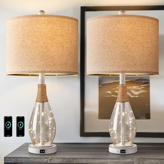 OYEARS 23" Table Lamps for Living Room Set of 2 Bedside Lamps for Night Stands Bedroom Lamps Farmhouse Rattan Boho Lamp Glass Nightlight End Table Lamp with USB C+A (White),Two Light Points - Bloomnest