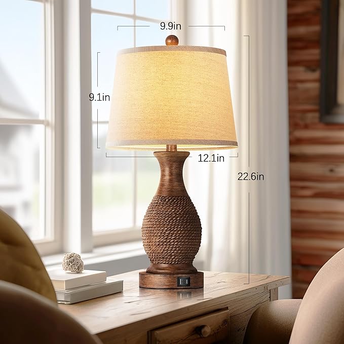 PARTPHONER Table Lamps Set of 2, Bedside Touch Lamp with USB C+A Charging Ports, Side Table Lamp with Linen Fabric Shade (LED Bulbs Included), Wood - Bloomnest