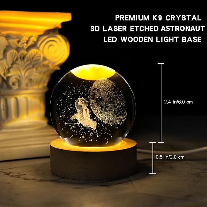 Astronaut Crystal Ball with LED Light Base, 60mm Glass Sphere Decorative Balls, Universe Space Galaxy Lamp Gifts - Bloomnest