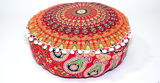 INDIAN CRAFT CASTLE ICC Mandala Barmeri Large Floor Pillow Cover Cushion Meditation Seating Ottoman Throw Cover Hippie Decorative Zipped Bohemian Pouf Ottoman Cases Red, 24" Round - Bloomnest