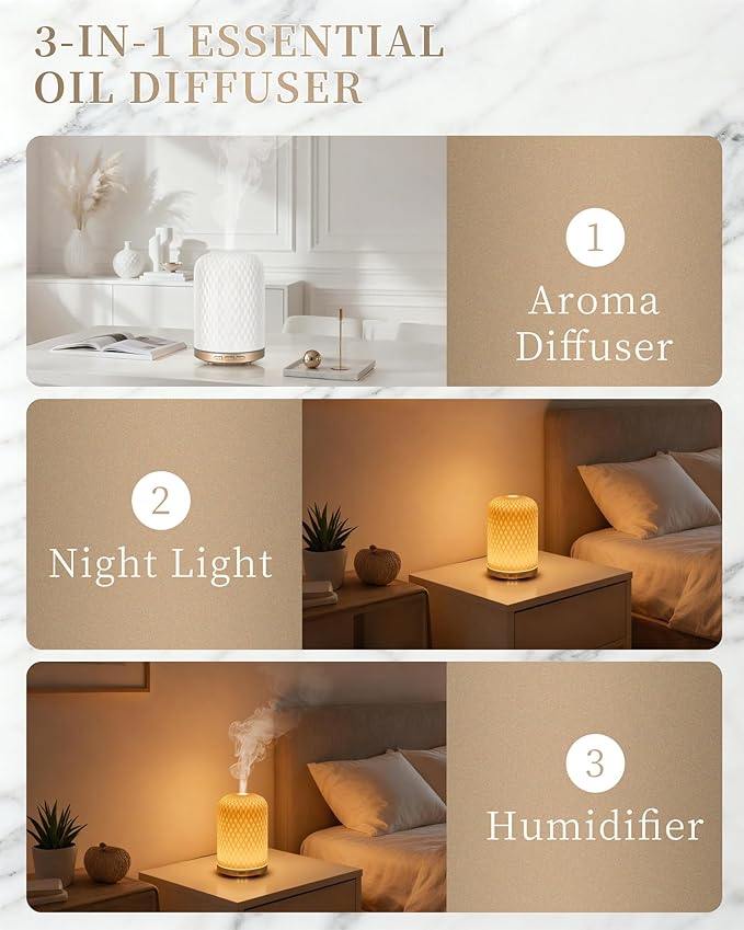 Essential Oil Diffuser,120ML 2.4MHz Ultrasonic Aromatherapy Diffusers for Essential Oils Large Room, Ceramic Diffusers Decorative Aroma Diffuser, Ideal Air Diffusers for Home, Room Decor, Yoga, White - Bloomnest