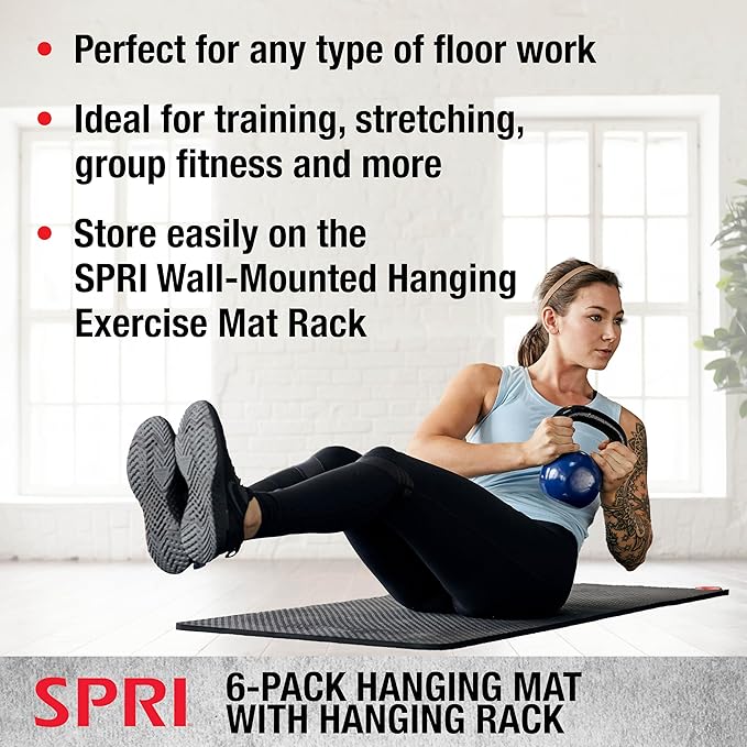 SPRI Hanging Bulk Fitness Mats + Rack, 15mm, 56” x 23" Black, 6 Pack, Closed-Cell Foam Bulk Yoga Mats for Gyms, Dance Studios, Ballet, Low-Impact Training & Commercial Spaces, Reinforced Grommets - Bloomnest