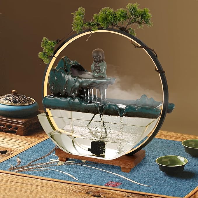 Backflow Incense Holder with Water Fountains and LED Light Indoor Water Fountains Tabletop Waterfall Fountains Desk Fountain for Feng Shui Wealth Boom with Mist for Home Office Bedroom (A) - Bloomnest