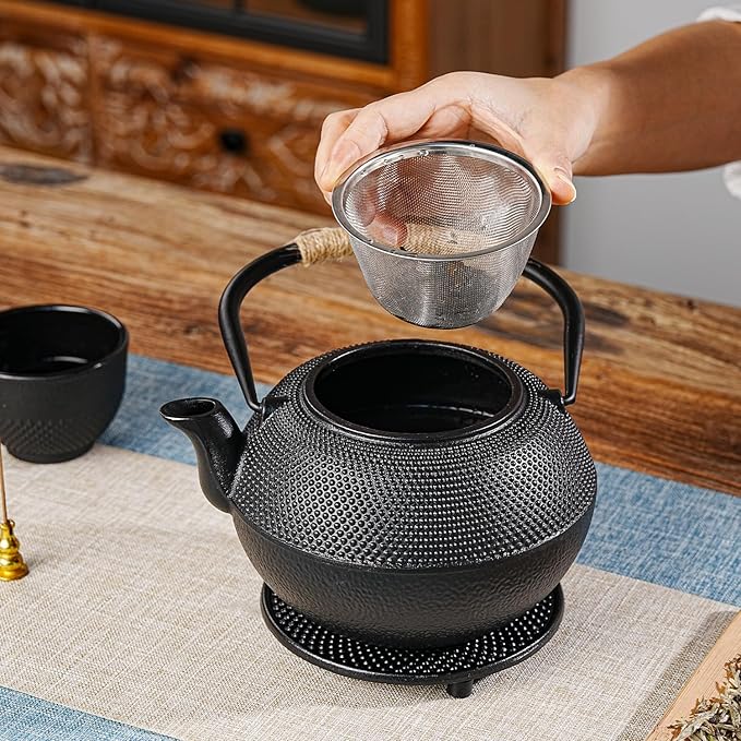 Sungmor Japanese Cast Iron Teapot - Traditional Tetsubin Tea Kettle with Stainless Steel Infuser, Heat Retaining Loose Leaf Teapot for Stove or Tea Ceremony, 42 oz/1200 ml, Black - Bloomnest
