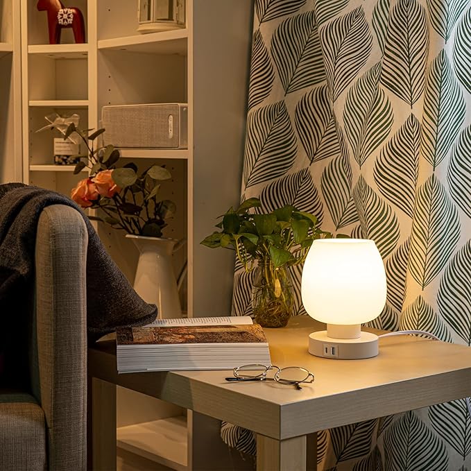 Touch Bedside Table Lamp - Small Lamp for Bedroom with USB C+A Charging Ports 3 Way Dimmable, Nightstand Desk lamp with White Opal Glass Lamp Shade Warm LED Bulb Included, Simple Design Gifts - Bloomnest