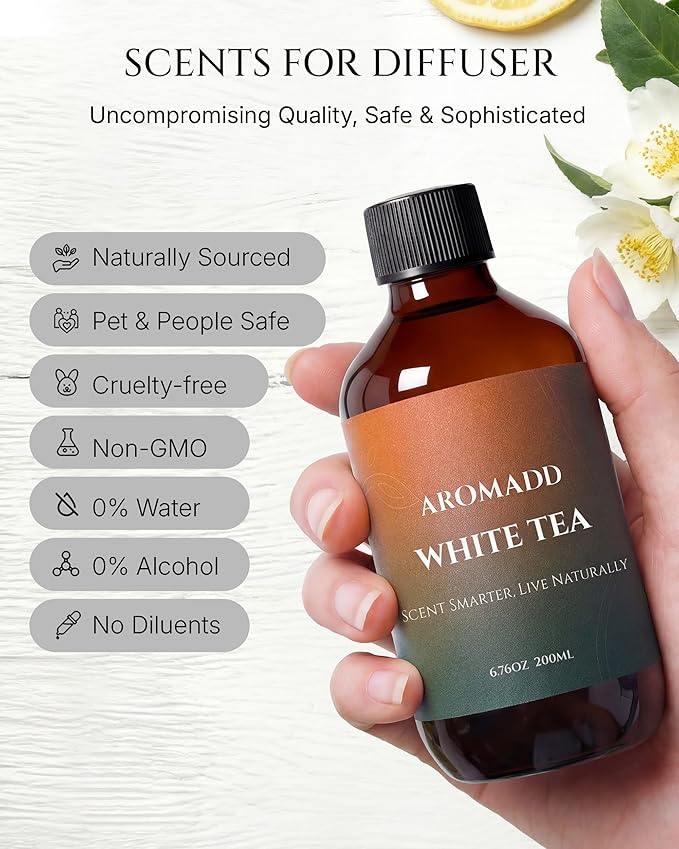 Aromadd White Tea Diffuser Oil Inspired by Luxury Hotel Scent, Essential Oils for Waterless Diffuser, White Tea & Bergamot, Long-Lasting & Natural Home Fragrance - 6.76 fl oz (200 mL) - Bloomnest