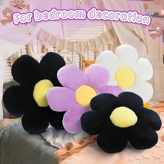 Reginary 4 Pcs Flower Floor Pillows Cute Plush Flower Throw Pillows Daisy Floor Seat Cushion Chair Pads for Christmas First Day of School for Sofa Couch Bed Decor(15 Inch,Black, White, Purple) - Bloomnest