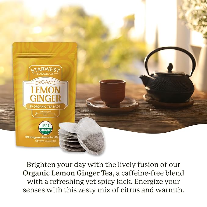 Starwest Botanicals Organic Lemon Ginger Tea - Caffeine Free Herbal Blend for Women & Men, Lemongrass, Ginger Root, & Peppermint Leaf, String Free Sachets, Non GMO - 20 Tea Bags - Bloomnest