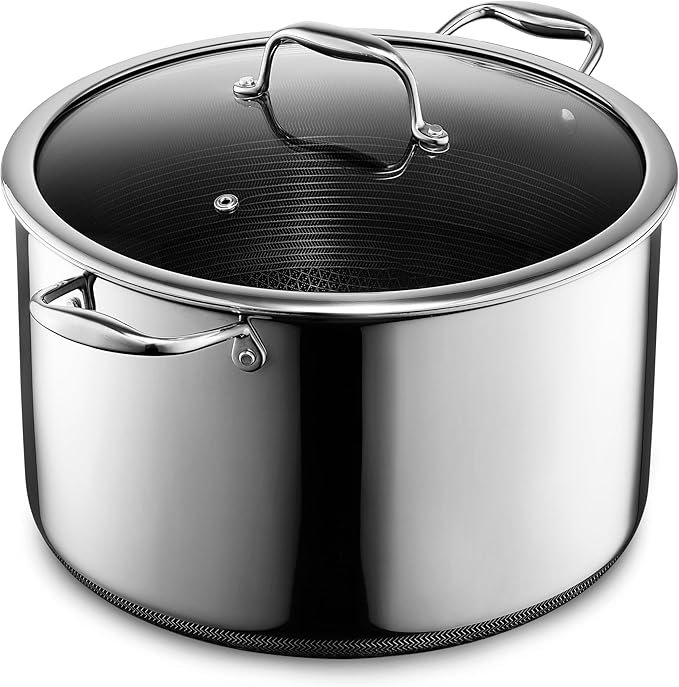 HexClad Hybrid Nonstick 12-Quart Stockpot with Tempered Glass Lid, Stay-Cool Handles, Dishwasher-Friendly, Oven-Safe Up to 900°F, Induction Ready, Compatible with All Cooktops - Bloomnest