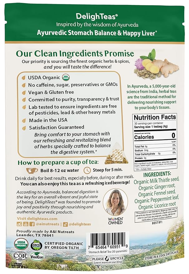 DelighTeas Ayurvedic Herbal Stomach & Liver Tea Bags | Eco-Friendly, Compostable Pyramids | Organic Milk Thistle, Fennel, Ginger, Peppermint & Licorice | Caffeine-Free, Kosher | 30 Tea Bags 4g Each - Bloomnest