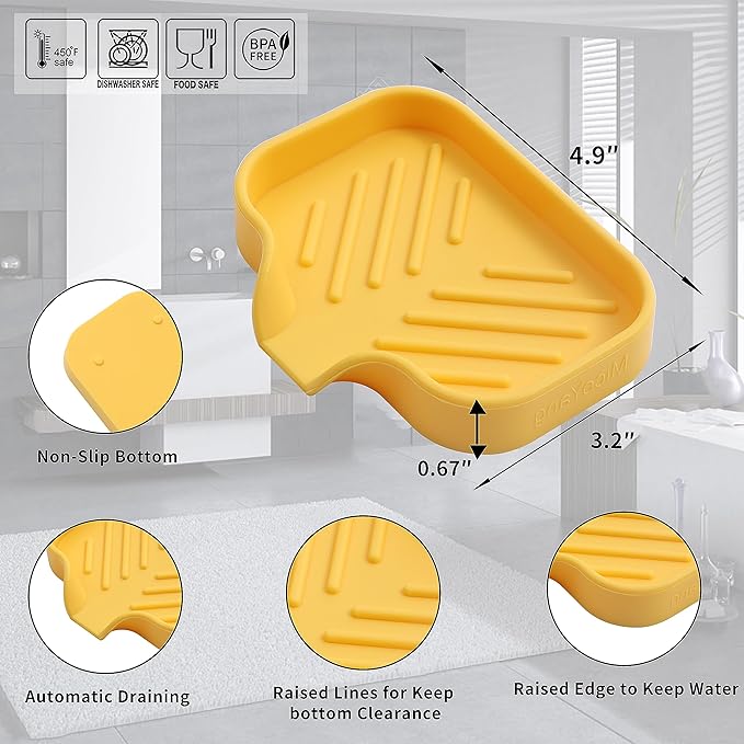 Silicone Bathroom Soap Dishes with Drain Spout-Bathroom and Kitchen Sink Organizer,Sponge Holder,Dish Soap Tray,Perfect for Dispenser,Scrubber,Bottle,Cup on Sink or Counter-Yellow 4.9"×3.2" - Bloomnest