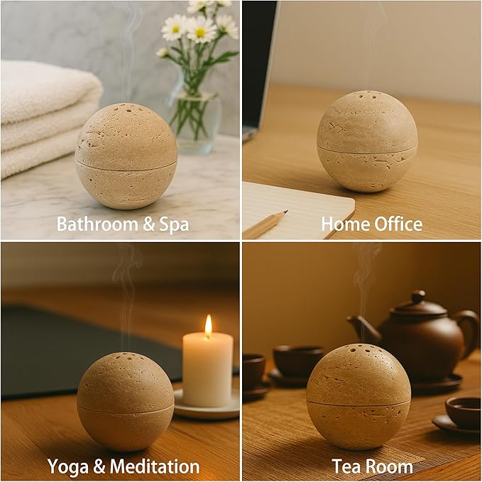 Natural Stone Sphere Incense Holder: 4" D Hand-Carved Aromatherapy Burner for Yoga, Meditation & Relaxation, Elegant Multi-Hole Design, Beige Travertine - Bloomnest