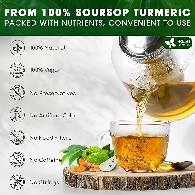 FreshDrinkUS, Premium 40 Soursop Turmeric Tea Bags, 100% Natural, Blend of Soursop Leaves, and Turmeric Root. Made with Natural Material Tea Bags. No Sugar, Vegan. - Bloomnest