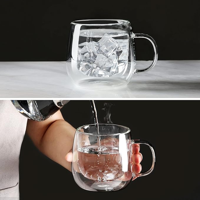 CNGLASS 10oz Double Walled Glass Coffee Mugs(2-pack),Clear Coffee Cups with Handle,Glass Espresso Mugs for Latte,Cappuccino,Tea - Bloomnest