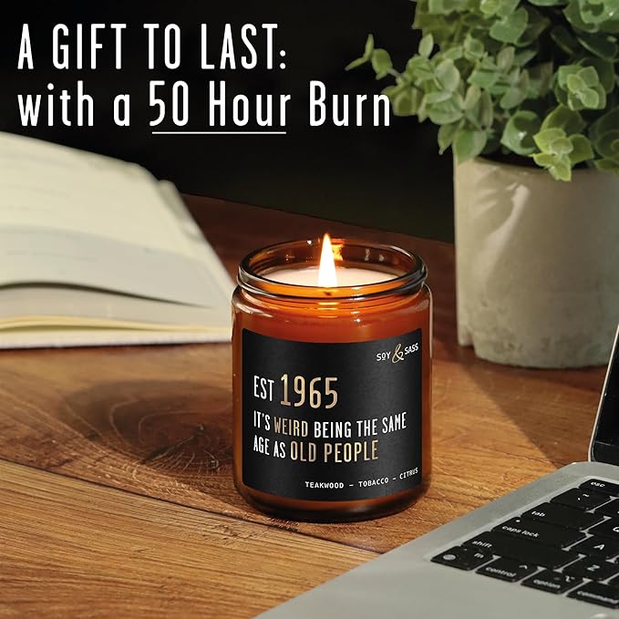 60th Birthday Gifts for Him/Her - 'Weird Being The Same Age as Old People' Soy Candle, w/Teakwood & Tobacco I 60th Birthday Gifts for Men/Women I 1965 60 Year Old Gift for Men I Made in USA - Bloomnest