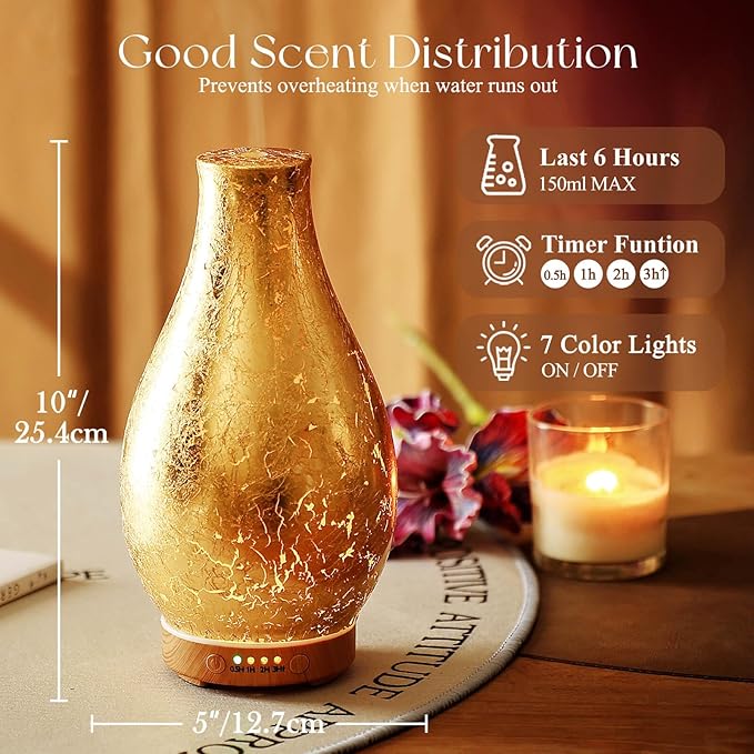 Porseme 100ml Gold-Plated Volcano Essential Oil Diffuser 3D Glass - Elegant and Effective Aromatherapy with 7 Color Changing LEDs and Waterless Auto-Off, BPA Free for Home Yoga Leisure SPA Gift Porseme