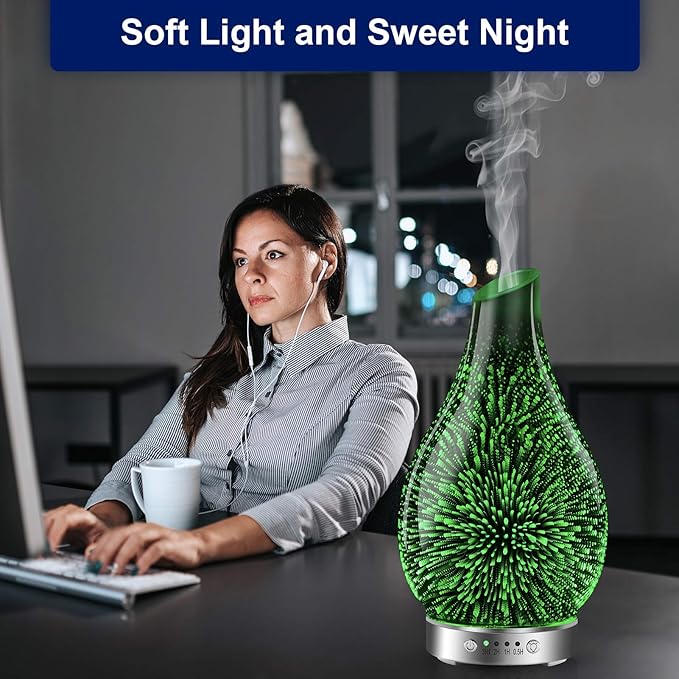 MAXWINER Essential Oil Diffusers Ultrasonic 3D Glass Aromatherapy Diffuser, Auto Shut-Off, Timer Setting, 7 Colors LED Lights Changing for Home, Office, Spa 120ml - Bloomnest