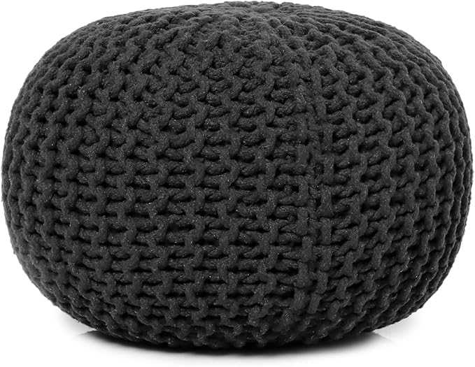 REDEARTH Round Pouf Foot Stool Ottoman - Cotton Hand Knitted Dori Pouffe - Cord Boho Home Décor - Stuffed Cable Poof for Living Room - Bedroom (19.5"x19.5"x14") - Dark Gray - Bloomnest