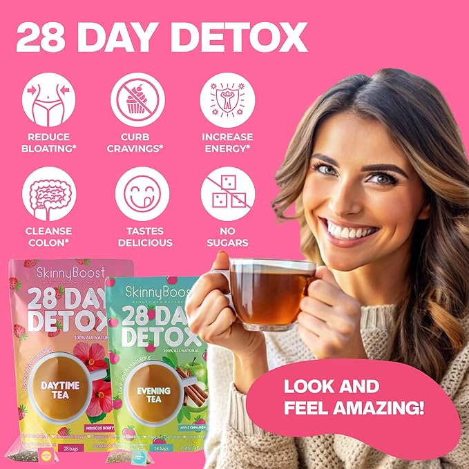 Skinny Boost Detox Tea Kit- 2 PACK –1 Daytime HIBISCUS (28 Bags) + 1 Evening APPLE CINNAMON-(14 Bags) – Herbal Detox for Energy, Bloating & Colon Cleanse – Green Tea, Vegan, Keto, Non-GMO, Sugar-Free - Bloomnest