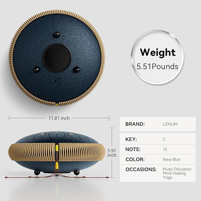 Steel Tongue Drum 12 Inch 15 Notes, Steel Drums Instruments for Kids Adults, Hand Pan Drum with Music Book, Drum Mallets and Carry Bag, Handpan C Major, Navy Blue - Bloomnest