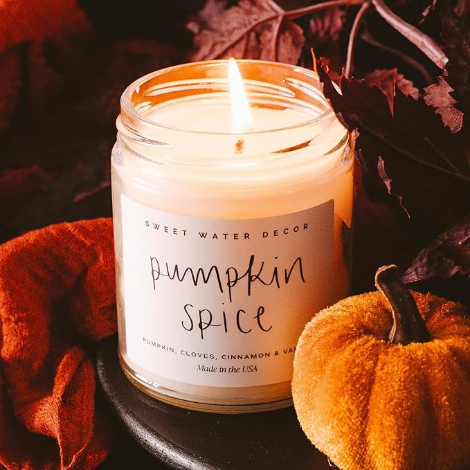 Sweet Water Decor Pumpkin Spice Candle - Fall Candles with Pumpkin, Clover, Cinnamon & Vanilla Scent for Home - Autumn Candle with 40 Hours Burn Time - 9Oz Gold Lid Clear Jar Cozy Soy Candles - Bloomnest