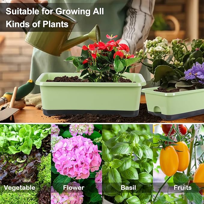 Window Box Planter 6 Pcs, 17 Inches Rectangle Flower Pots with Drainage Holes and Trays, Vegetable Planters for Windowsill Patio Garden Balcony Home Indoor Outdoor (Light Green, 18*10*6 inch) - Bloomnest