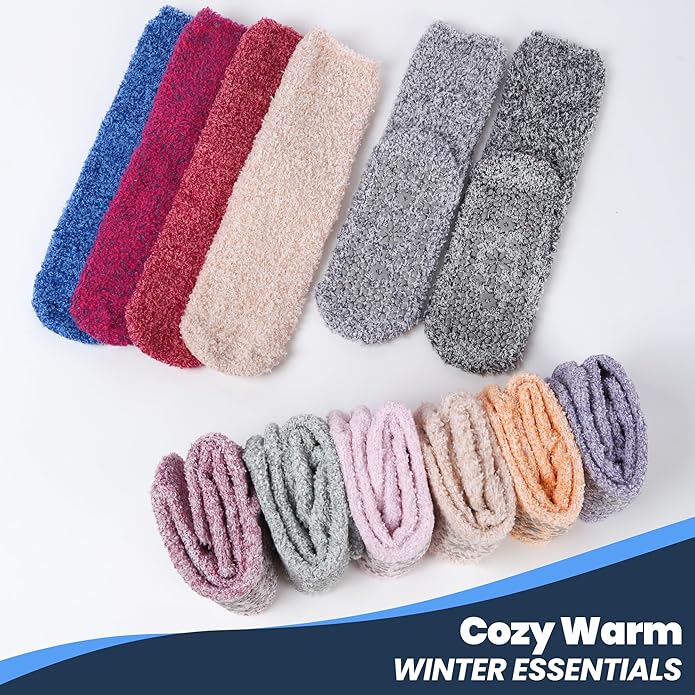 HUGSWEET 6 Pairs Thick Fuzzy Socks with Grip Cozy Non Slip Hospital Socks Home Fluffy Warm Slipper Socks Gifts for Women - Bloomnest