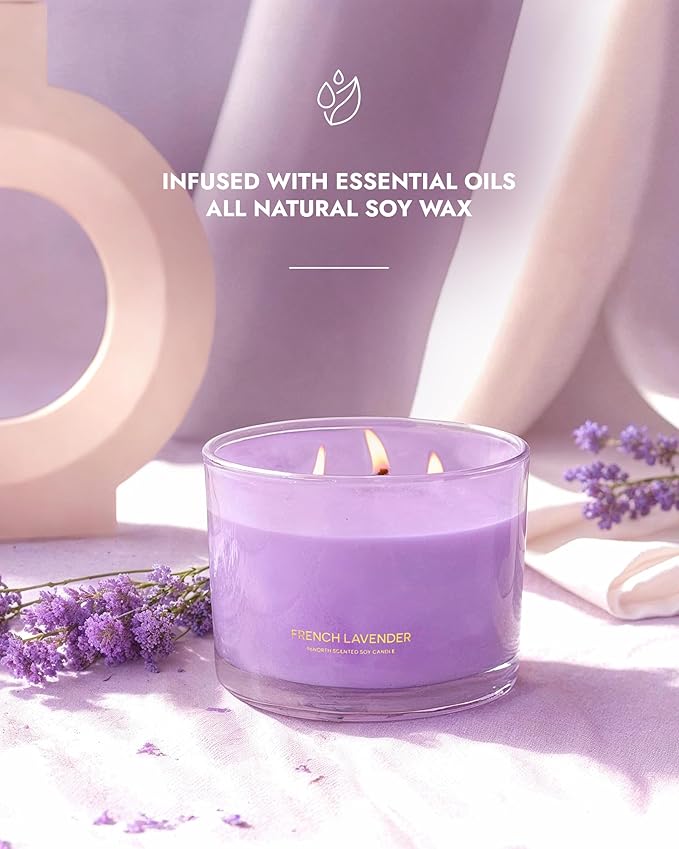 96NORTH Luxury Lavender Soy Candle | Large 3 Wick Jar Candle | Up to 50 Hours Burning Time | 100% Natural Soy Wax | Relaxing Aromatherapy Aesthetic Candle | Housewarming Gift for Women and Men - Bloomnest