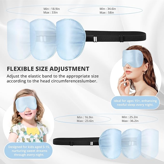 100% Real Natural Silk Eye Mask for Sleeping with Adjustable Strap, 100% Silk Filling Blindfold, Eye Shade for Kids/Teens/Adults, Sleeping Masks for Family (2 Blue) - Bloomnest