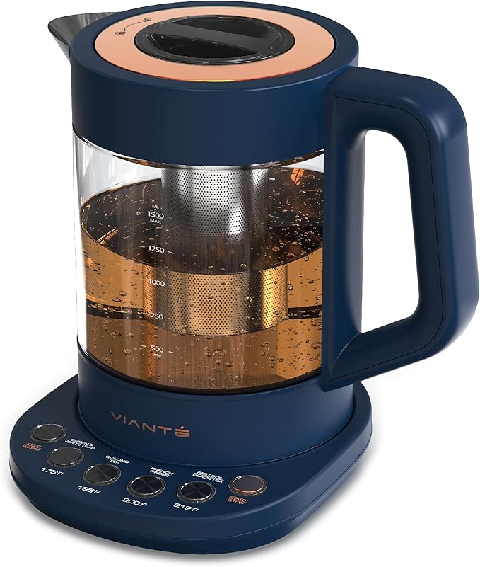 Vianté Electric Kettle With Infuser For Loose Leaf Tea. Hot Tea Maker With Temperature Control And Automatic Shut Off. Kettle With Brewing Programs. 1.5 Liters Capacity | Midnight Blue Color - Bloomnest