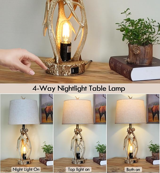 28" Touch Rustic Antler Table Lamps Set of 2 for Bedroom, 3 Way Dimmable Farmhouse Nightstand Lamps with USB + Type C Ports, Bedside Deer Lamp for Living Room End Table Cabin Decor (Included 4 Bulbs) - Bloomnest