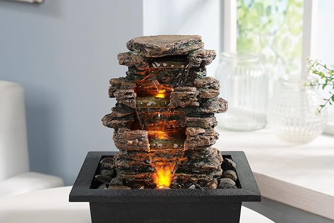 Tabletop Water Fountain, Home Décor Soothing Sound Machine with Automatic Pump, Deep Basin and Natural River Rocks. Indoor Zen Relaxation for Office, Living Room, or Bedroom Décor.