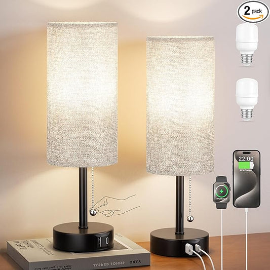 Grey Bedside Lamps for Bedroom Set of 2 - Nightstand Table Lamp with USB A + C Charging Port, 3 Color Temperatures Pull Chain Night Stand Light, Side Table Desk Reading Lamp for Living Room/Dorm Room - Bloomnest