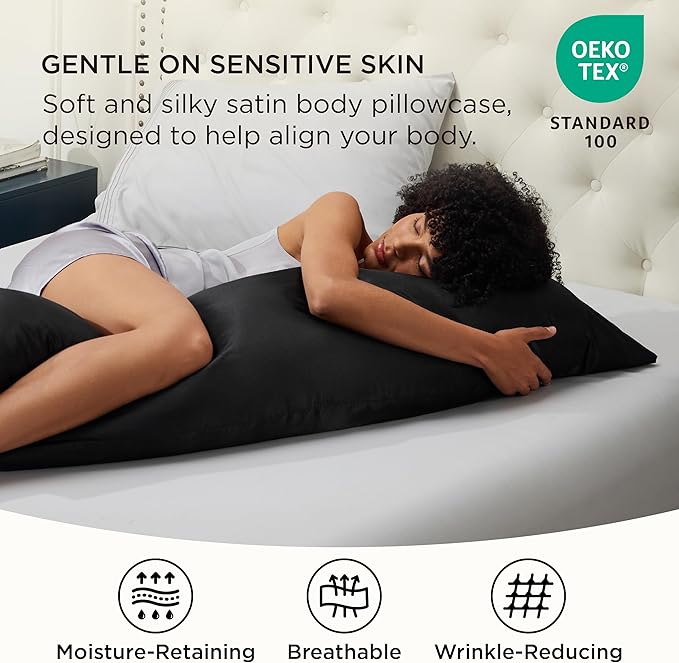Bedsure Body Pillow Pillowcase - Cooling and Silky Long Body Pillow Covers with Envelope Closure, Satin Similar to Silk Pillowcase for Hair and Skin,Black,20x54 Inches - Bloomnest