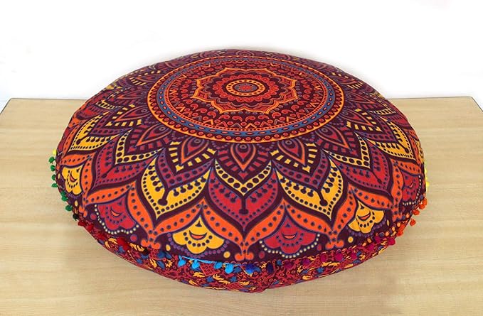 INDIAN CRAFT CASTLE New Orange Ombre 24" Mandala Barmeri Large Floor Pillow Cover Cushion Meditation Seating Ottoman Throw Cover Hippie Decorative Zipped Bohemian Pouf Ottoman Pom Pom Cases 24" Round - Bloomnest