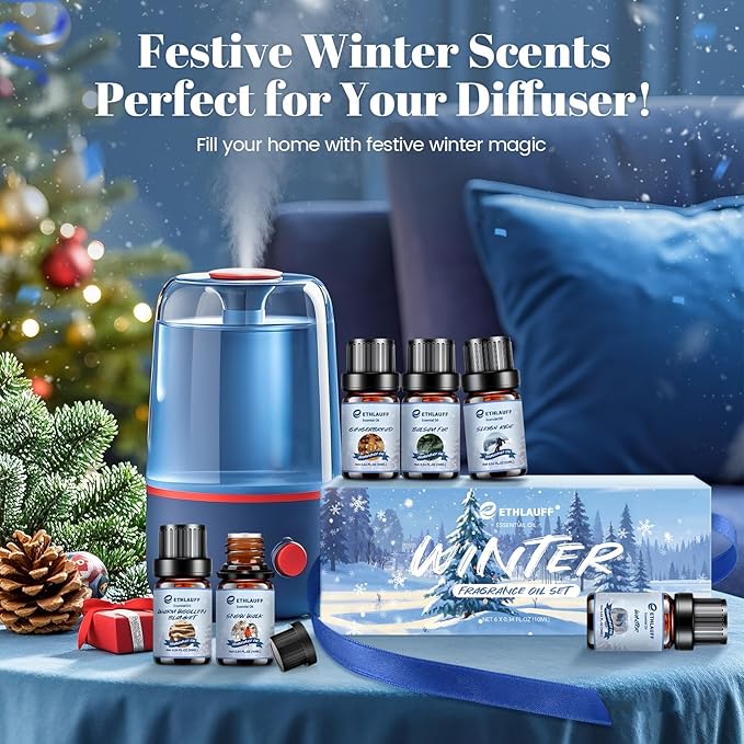 Essential Oils Set, Winter, Warm Woollen Blanket, Balsam Fir, Snow Walk, Sleigh Ride, Gingerbread - Bloomnest