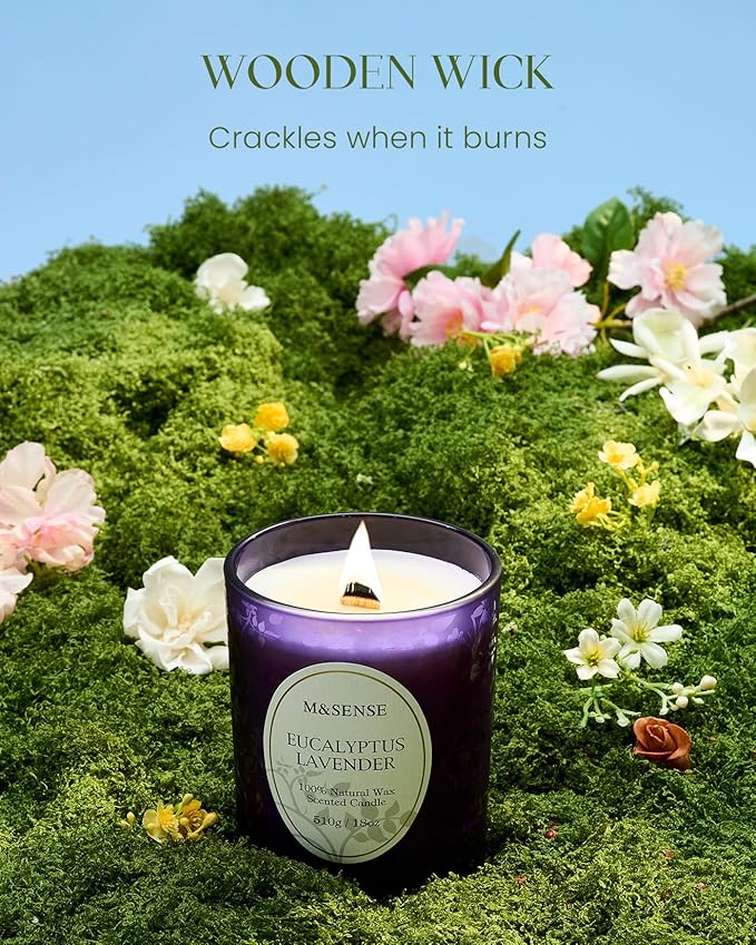 M&SENSE Eucalyptus Lavender Scented Candle, Cracking Wooden Wick Soy Wax, 18oz 100 Hours Long Lasting Clean Burn, Large Jar Candles for Home Decor, Non-Toxic Relaxing Aromatherapy Gifts for Women - Bloomnest