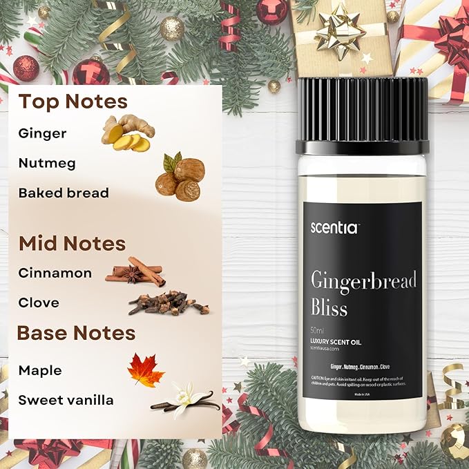 Scentia Gingerbread Bliss Fragrance Oil – 120ml Christmas Diffuser Oil | Cozy Holiday Blend with Nutmeg, Cinnamon & Vanilla | Aromatherapy for Home, Candles, Soaps & Holiday Décor | Made in USA Scentia
