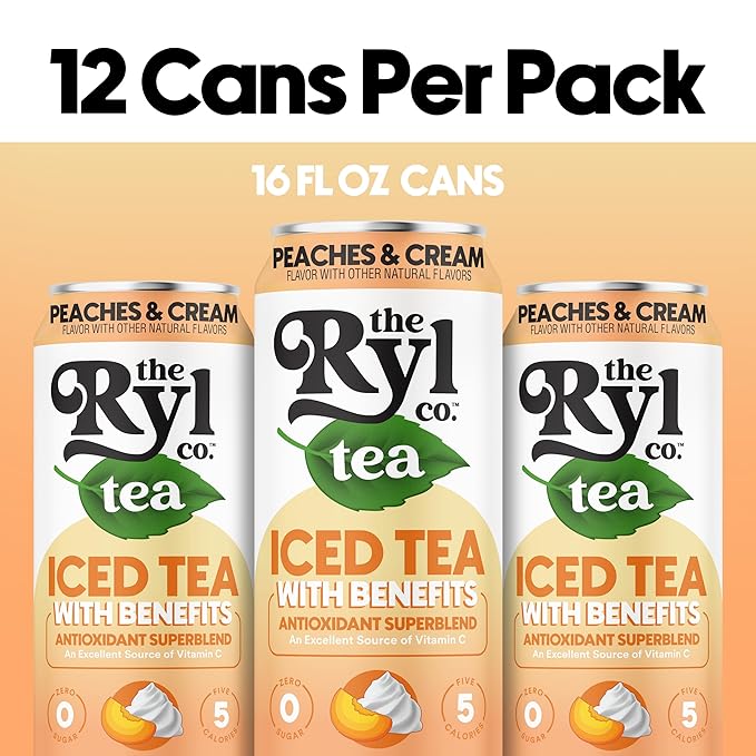 Ryl Peaches & Cream Iced Tea – Antioxidant Superblend, No Artificial Ingredients, Zero Sugar, Five Calories, Low Carb, Non-GMO, Kosher, Gluten Free, Made in the USA, 12-Pack, 16 Fl Oz - Bloomnest