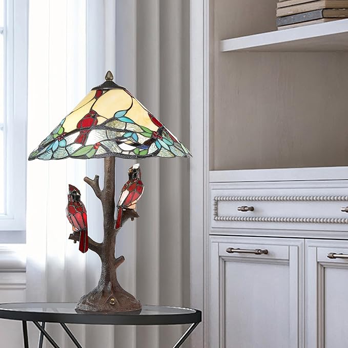 RIVER OF GOODS - Stained Glass Triple Lit Cardinals on Tree Table Lamp - 23.75" in - Table Lamp for Bedroom - Bedside Lamp - Desk Lamps for Home Office - Tiffany Style - Multi Color - Bloomnest