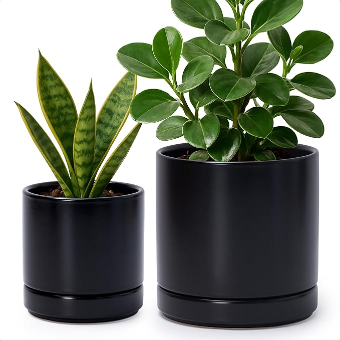 D'vine Dev 4.7 Inch & 6.5 Inch Ceramic Planter Pots for Plants with Drainage Hole and Saucer, Small Plant Pots Set, Black, 94-G-S-2 - Bloomnest