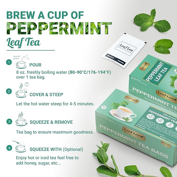 LeafLea 40 Peppermint Tea Bags, Natural Peppermint Leaf Herbal Tea with Cool Taste, Te De Menta for Gentle Digestive Support, Te De Hierba Buena, Caffeine-Free, Sugar-Free, Vegan, Individually Wrapped - Bloomnest