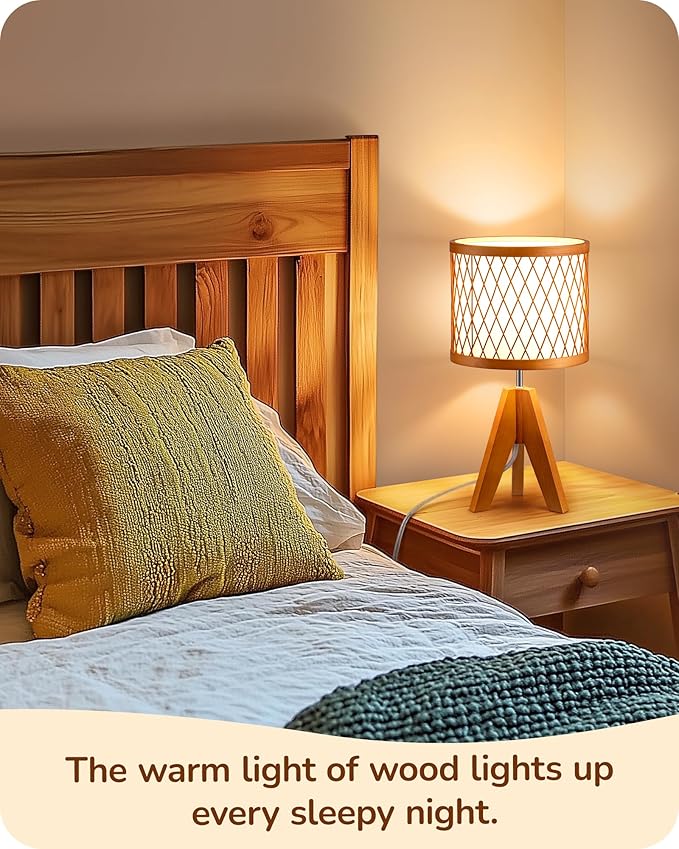 EDISHINE Small Table Lamp, 14.17" Wood Tripod Bedside Lamp with Bamboo Lampshade & PVC Shade, ON-Off Switch & E26 Base, Boho Nightstand Lamp for Living Room, Bedroom - Bloomnest