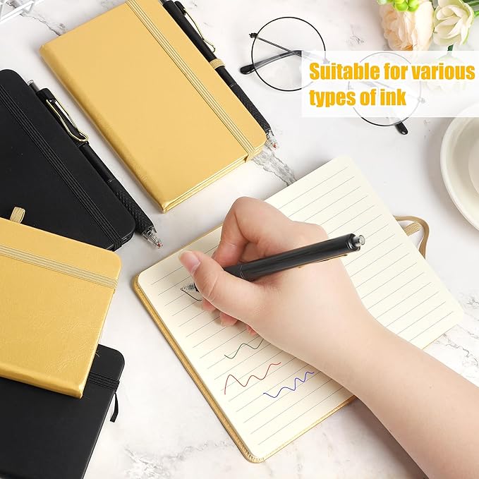 Aodaer 50 Sets Graduation Gifts Pocket Notebook Journal with Pens, 160 Page, 3.5 x 5.5 Inch Mini Lined Journal Notebook A6 Leather Hardcover Notepad with Pen Holder for School Office, Black and Gold - Bloomnest