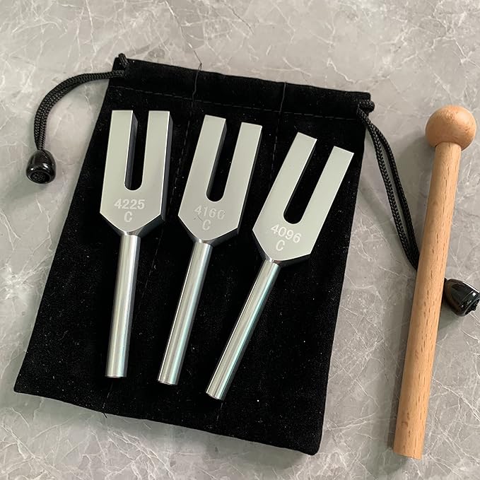 Angel Tuning Forks Set, 4096 Hz, 4160 Hz, 4225 Hz for Healing Musical Instrument, with Wood Hammer and Soft Storage Bag - Bloomnest