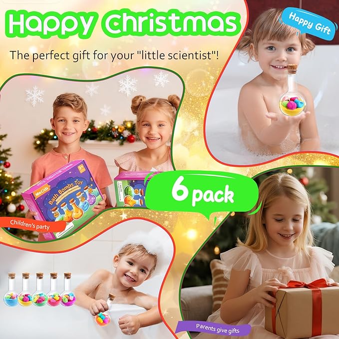 MeCids Magic Potion Bubble Bath Bombs for Kids -Bath Color Tablets Bath Potions for Toddlers Ages 4-12 Fun Science Kit Gift for Birthday, Halloween，Christmas- 6 Pack (Shaped Gems & Stars) - Bloomnest