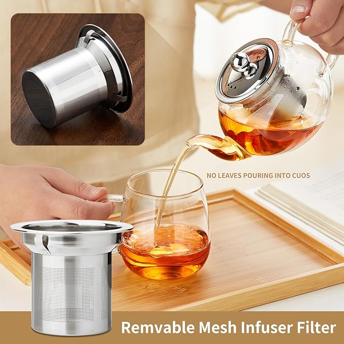 Glass Teapot Stovpetop Safe,20 oz/ 600 ml Stove Top & Microwave Safe Small Borosilicate Glass Kettle with Loose Leaf Tea Strainer For Flower Blooming Tea, Clear - Bloomnest
