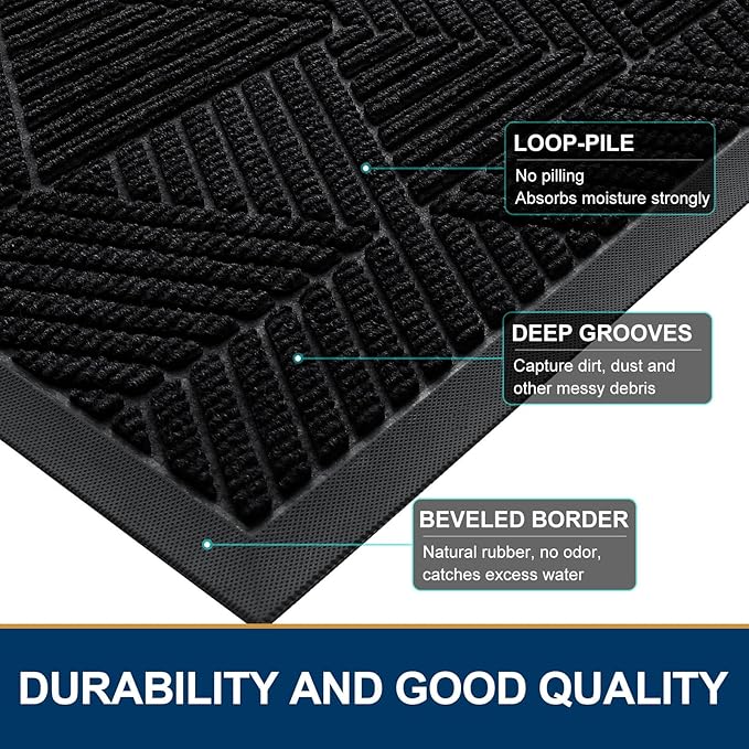 Smiry Front Door Mat Outside Entrance, Heavy Duty Sturdy Natural Rubber Doormat, Trap Dirt and Moisture, Easy Clean Low Profile Mats for Indoor Outdoor Entry, Irregular Triangle (47x17, Black) - Bloomnest