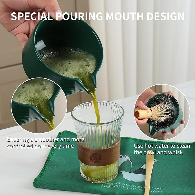 Matcha Whisk Set,Matcha Making Set with Dark Green Bowl,Matcha Whisk Holder, Stainless Sifter & Scoop, Tea Towel,Traditional Matcha Tea Set for Ceremony,Dark Green,7Pcs - Bloomnest